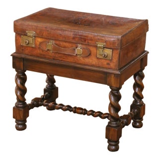 19th Century English Leather Suitcase on Walnut Stand Side Table For Sale