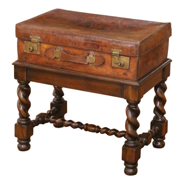 19th Century English Leather Suitcase on Walnut Stand Side Table For Sale