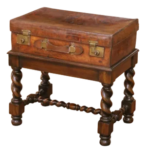 19th Century English Leather Suitcase on Walnut Stand Side Table