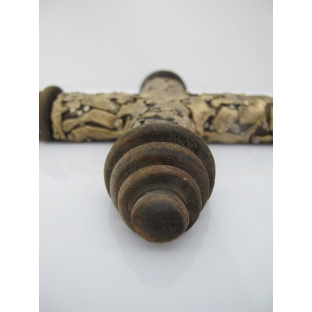 Mexican Folk Art Milagros Turned Wood Cross Nailed Brass Charms Wall Hanging For Sale - Image 10 of 11