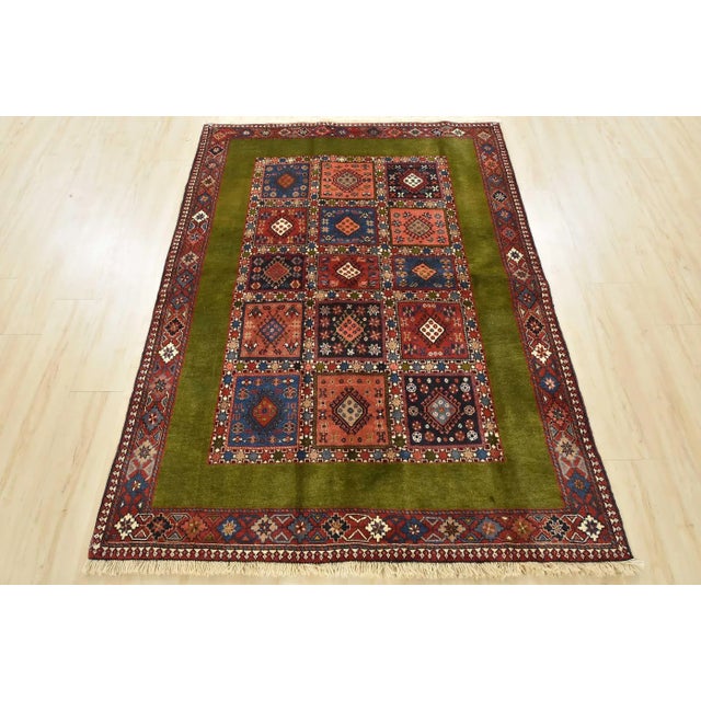 Cabin Yalameh Rug 4'10'' X 6'8'' Green Wool Vintage Tribal Hand-Knotted Carpet For Sale - Image 3 of 13