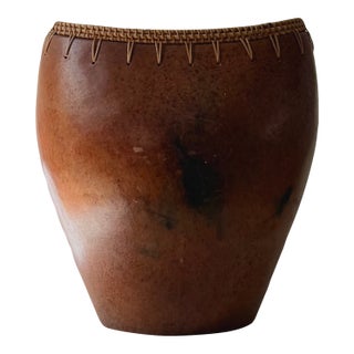 Pair of Vintage Indonesian Ceramic Vessels With Hand-Woven Rattan Rim For Sale