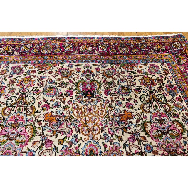 Antique Persian Kerman Lavar Rug, Hand-Knotted Wool, Floral Pattern, Ivory & Crimson, 9x12 For Sale - Image 4 of 10