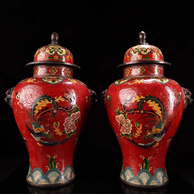 This impressive pair of covered temple jars (often referred to as General Jars) is crafted from a bronze body and richly...