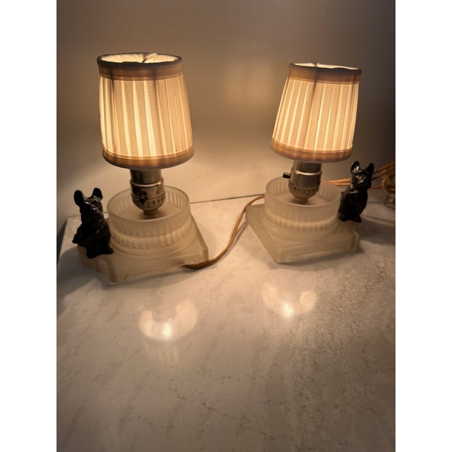 Glass Small Vintage Art Deco Scotty Dog Boudoir Lamps Frosted Glass Base - a Pair For Sale - Image 7 of 8