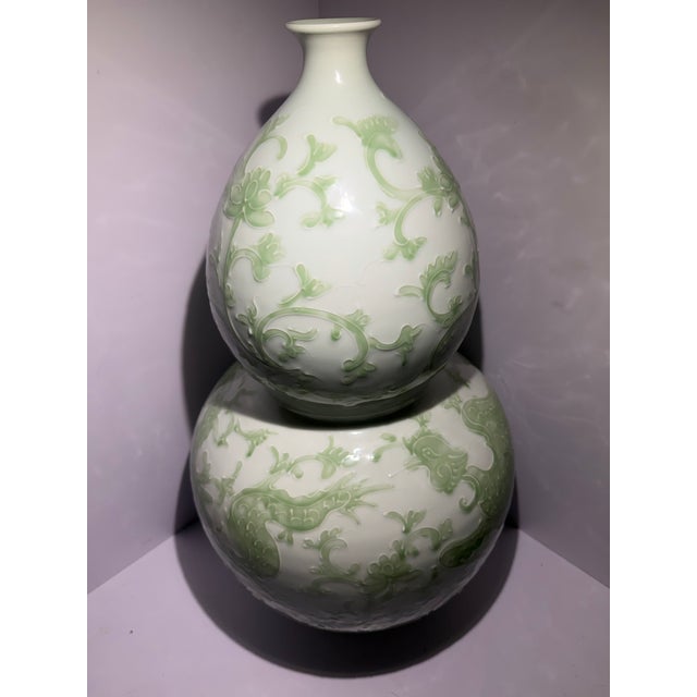Large 24" Chinoiserie Celadon Porcelain Dragon & Lotus Double Gourd Floor Vase For Sale In Houston - Image 6 of 10