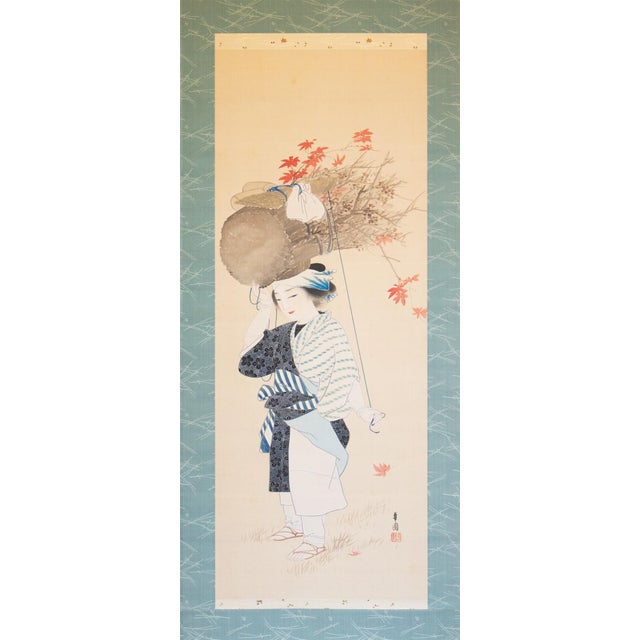"Oharame" by Ogata Kaho, Meiji to Taisho Era Japanese Silk Painting in Wooden Case For Sale - Image 15 of 15