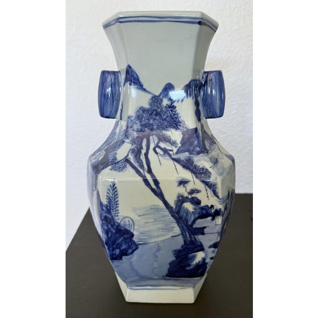 Chinoiserie Vintage Chinese Blue & White Porcelain Landscape Vases - Trio Set For Sale - Image 3 of 18