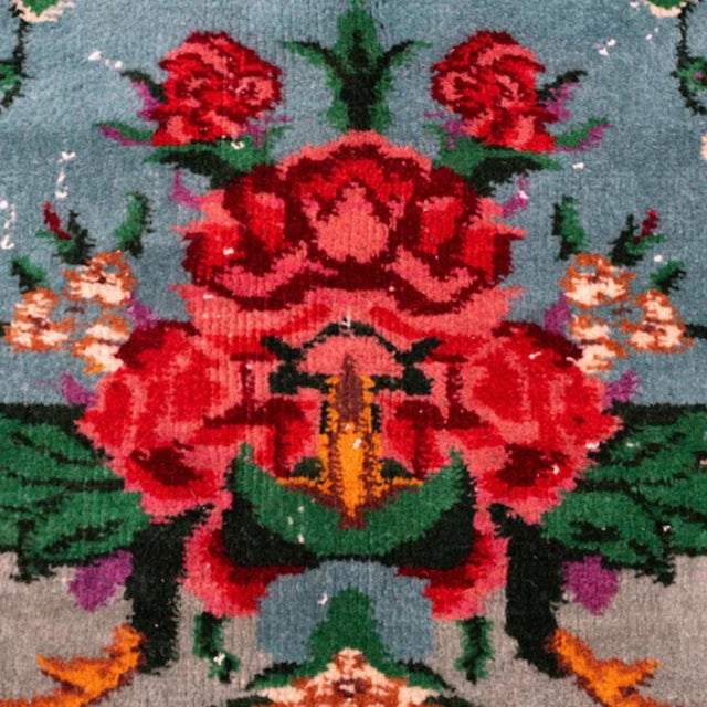 Vintage 1960s Turkish Sparta Savonnerie Rug, Teal Blue & Emerald Green With Roses – 6'8" X 9'9" For Sale - Image 12 of 12