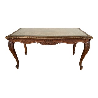 Vintage French Louis XV Style Carved Wood Cane & Glass Rectangular Top Coffee Side Table For Sale