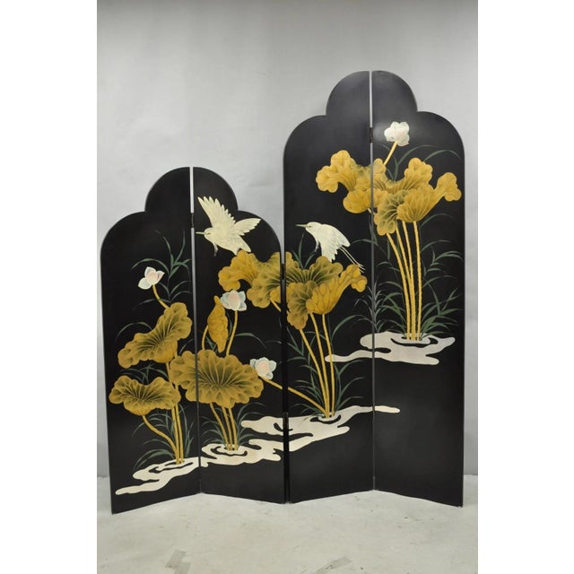 Decorator Chinoiserie Black Lacquer Oriental Painted 4 Panel Room Divider Screen For Sale - Image 16 of 16