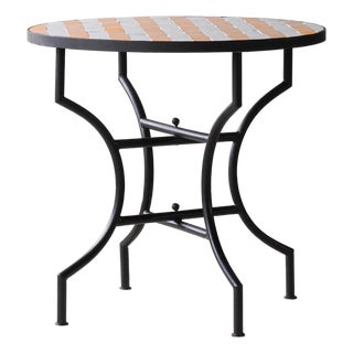 Matthew Izzo Home 32" Round Yellow and White Striped Moroccan Zellige Tile Bistro Table on Iron X Base For Sale