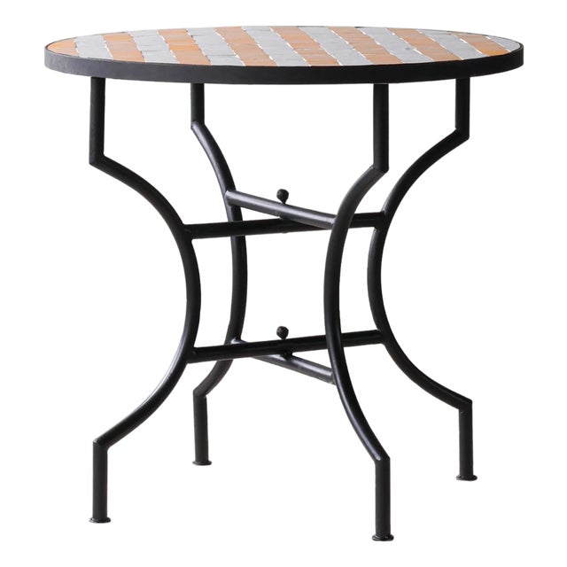 Matthew Izzo Home 32" Round Yellow and White Striped Moroccan Zellige Tile Bistro Table on Iron X Base For Sale