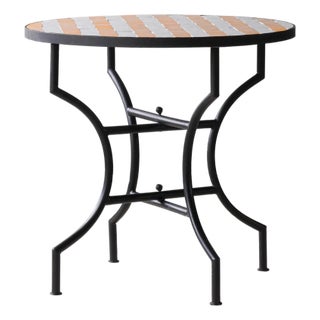 Matthew Izzo Home Moroccan Zellige Yellow and White Striped Tile and Iron X Base 32" Round Bistro Table For Sale