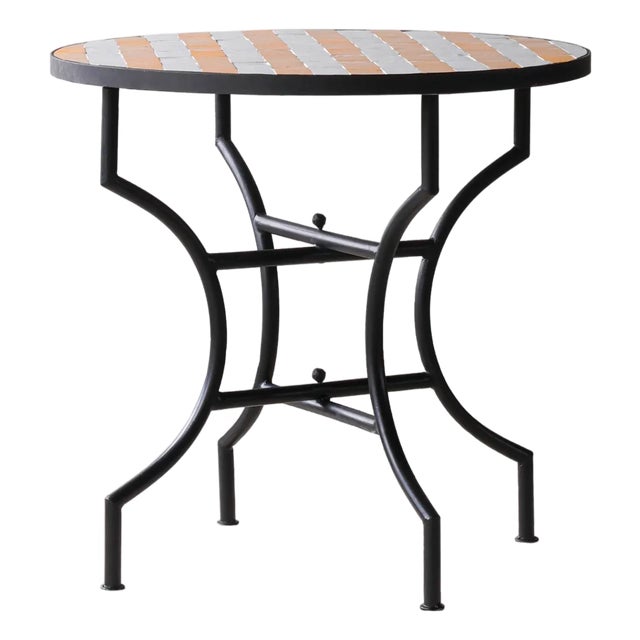 Matthew Izzo Home Moroccan Zellige Yellow and White Striped Tile and Iron X Base 32" Round Bistro Table For Sale
