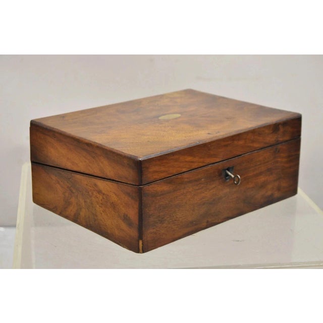 Antique English Victorian Burl Walnut Small Lap Desk Box with Fitted Interior. Item features working lock and key, small...