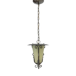 Lantern Pendant Lamp in Wrought Iron and Glass, 1950s For Sale