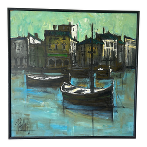 1980s Vintage Lee Reynolds Painting With Boats and Buildings