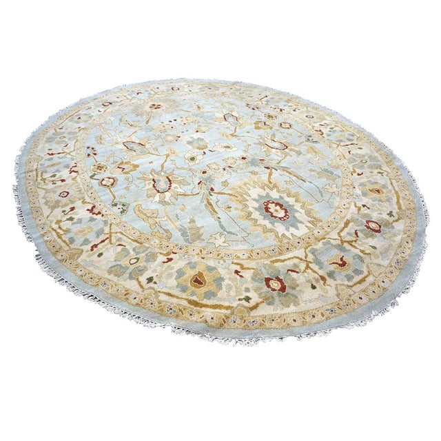 Islamic Afghan Sultanabad Wool 8x10 Light Blue, Ivory & Taupe Handmade Oval Area Rug #9902749 For Sale - Image 3 of 9