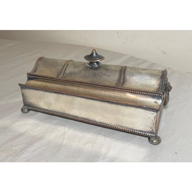 Antique 19th Century Silverplated Copper Glass Jar Desk Inkwell Stand Holder For Sale - Image 11 of 16