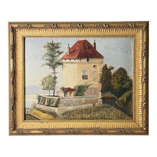 Framed Antique Italian Villa Landscape Oil on Board Painting For Sale