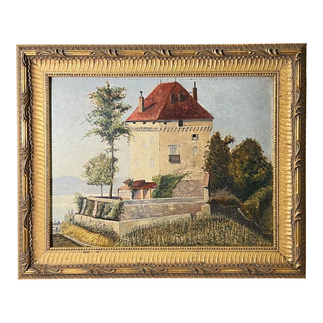 Framed Antique Italian Villa Landscape Oil on Board Painting For Sale