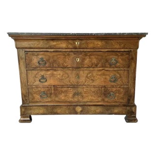 Louis Philippe Book Matched Burl Walnut Chest With Marble Top For Sale