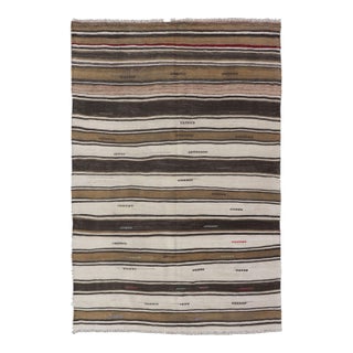 Vintage Turkish Kilim Rug With Ivory, Brown, Olive and Red Stripes For Sale