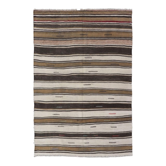 Vintage Turkish Kilim Rug With Ivory, Brown, Olive and Red Stripes For Sale