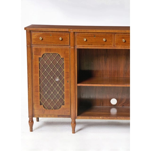 19th Century English Burlwood Mahogany Regency-Style Inlay Decorated Breakfront For Sale - Image 9 of 11