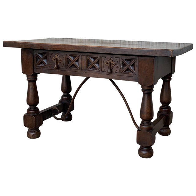 20th Century Spanish Carved Table with Iron Stretchers and Drawer For Sale - Image 15 of 18