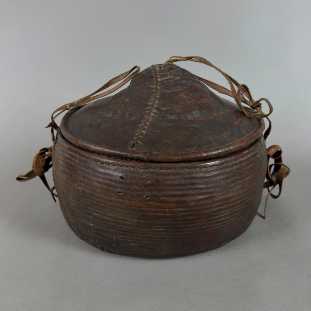 Early 20th Century African Tribal Nomadic Rattan Leather Container Basket with Lid For Sale - Image 11 of 11