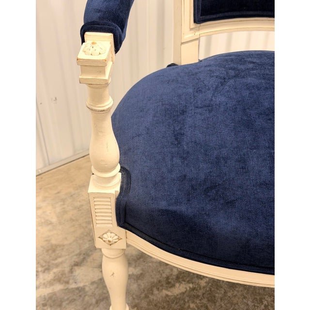 Wood Vintage Classic French “ Petite “ Louis XVI Style Armchairs Featuring Deep Navy Blue Velvet Upholstery - A Pair For Sale - Image 7 of 12