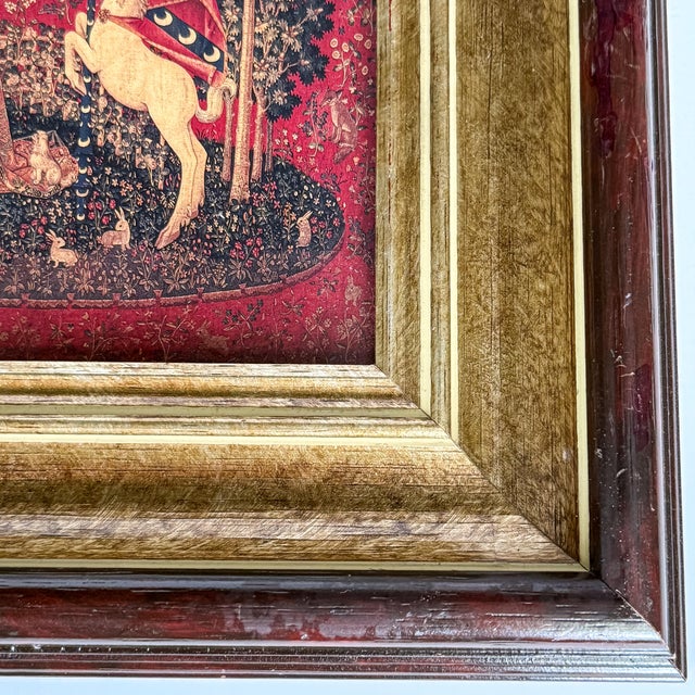 Wood Late 20th Century Coordinating Pair of Framed Medieval Unicorn Tapestry Prints in Gilt and Mahogany-Tone Frames - Set of 2 For Sale - Image 7 of 12