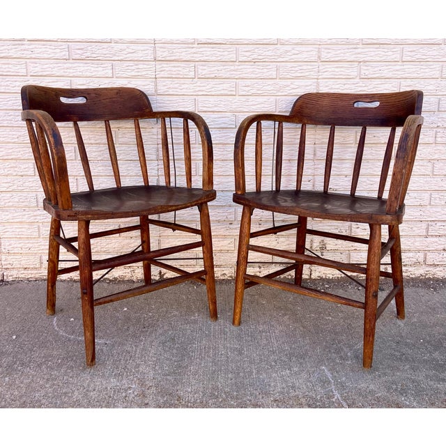 Antique Oak Barrel Back Pub Captains Chairs Pair Chairish