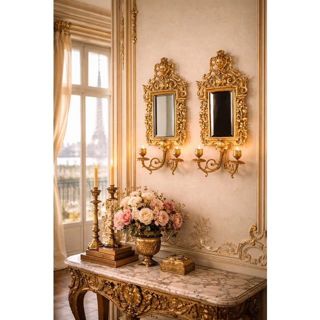 Superb pair of double wall sconces dating from the 19th century, Napoleon III period, in finely chiseled gilded bronze....