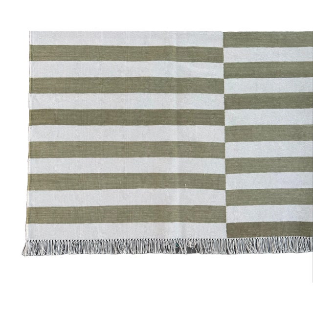 Not Yet Made - Made To Order Handmade Cotton Area Rug Vegetable Dyed Olive Green and White Up Down Striped Rug-5'x7' For Sale - Image 10 of 11