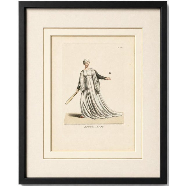 Medieval Tennis Costume Study, Hand-Colored Lithograph c.1845 This charming antique hand-colored lithograph depicts a...