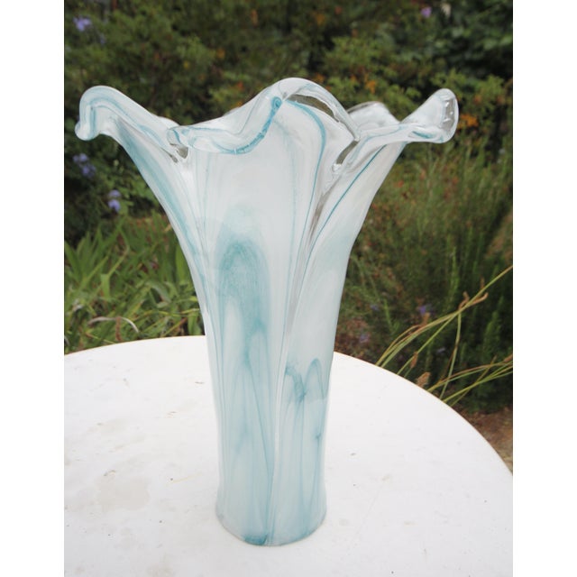 Tall 15.5” Murano Italian Blown Glass Fazzoletto Lily Vase – Aqua Alabastro Swirl For Sale - Image 13 of 14