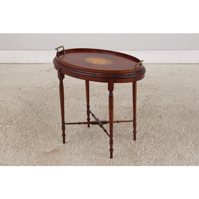 Traditional English Edwardian Inlaid Mahogany Oval Tray Table For Sale - Image 3 of 15