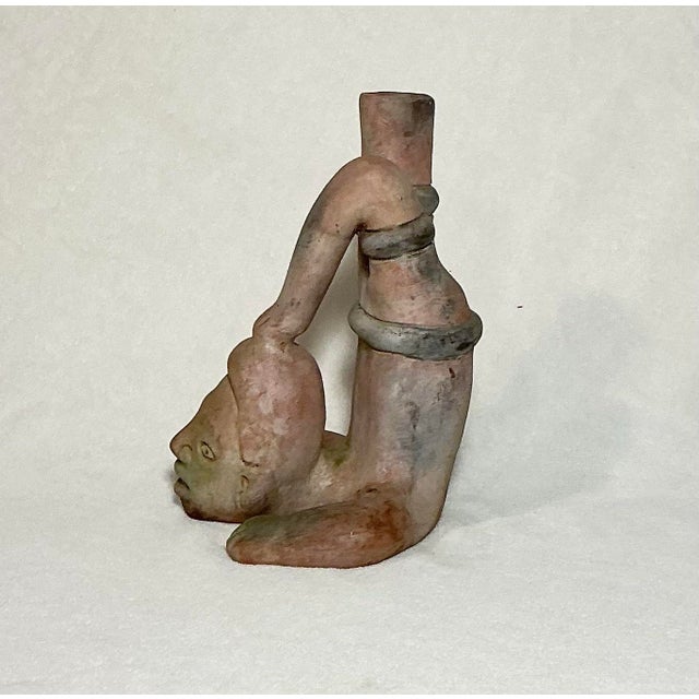Collectible, vintage Mexican folk art terracotta figure in a headstand position vase. Rustic, earthy finish. Opening on...