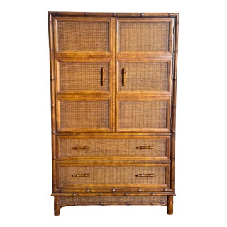 Boho Chic Faux Bamboo Wicker Armoire by American of Martinsville For Sale