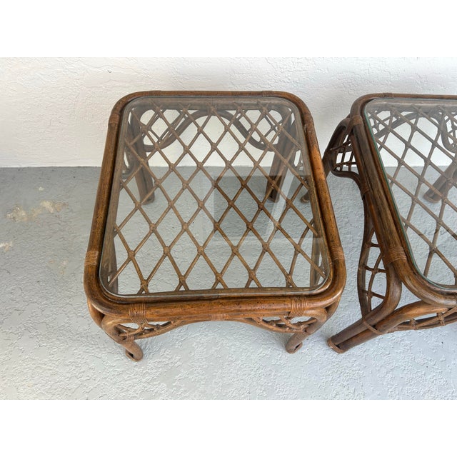 Vintage side tables / end table rattan with glass tops. Perfect for your coastal look matching tables 2 a pair