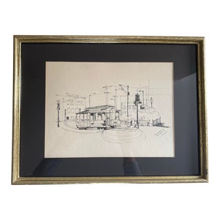 Vintage San Francisco "Hyde and Beach Sts" Streetcar Trolley Framed Ink Drawing by Tony Calvello For Sale