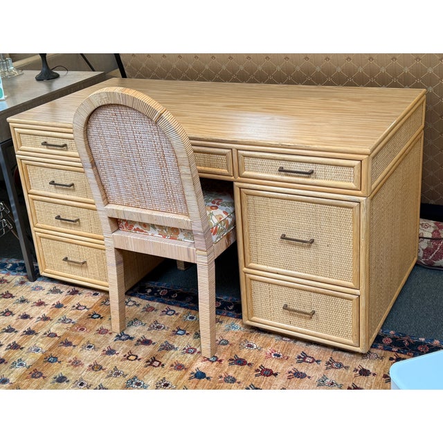 Contemporary Bielecky Brothers Rattan Desk With Filing Drawers For Sale - Image 3 of 14
