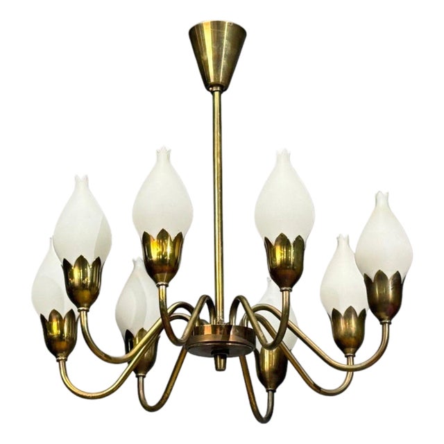 1950s Fog & Mørup, Tulip Chandelier, Opal Glass, Brass, Denmark, 1950s For Sale