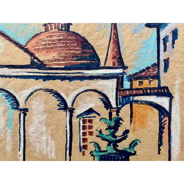 Rustic Henry Emil Salloch Original Watercolor on Paper Mediterranean Plaza and Church Tower, 1970. For Sale - Image 3 of 7