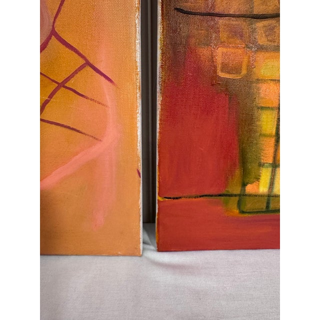 Vintage Contemporary Abstract Expressionism Diptych Original Oil Paintings, a Pair, Magenta, Orange & Plum For Sale - Image 14 of 18