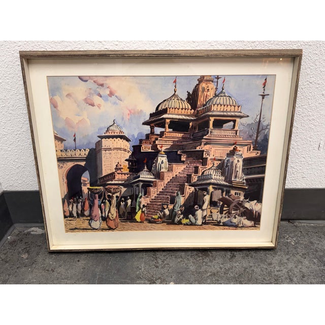 Design Plus Gallery presents a Framed Siva Temple + Bundi Gate Original Watercolor Painting. The artwork depicts domed...