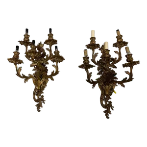 Pair of Antique Rococo-Style 5-Arm Bronze Electrified Sconces